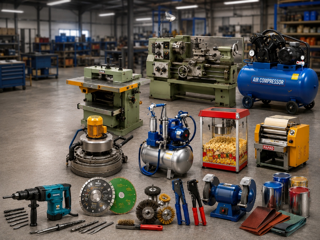 Engineering workshop with lathes, compressors and bench grinders