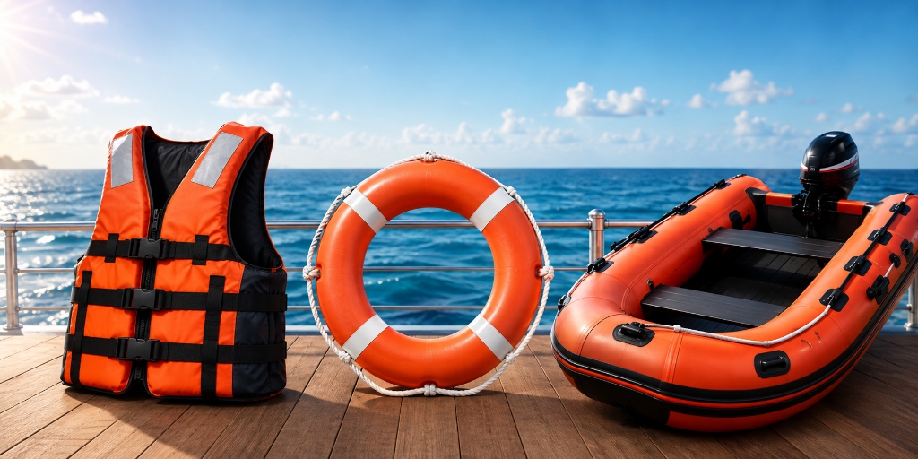 Life jackets, life buoys, and inflatable rescue boats for marine safety