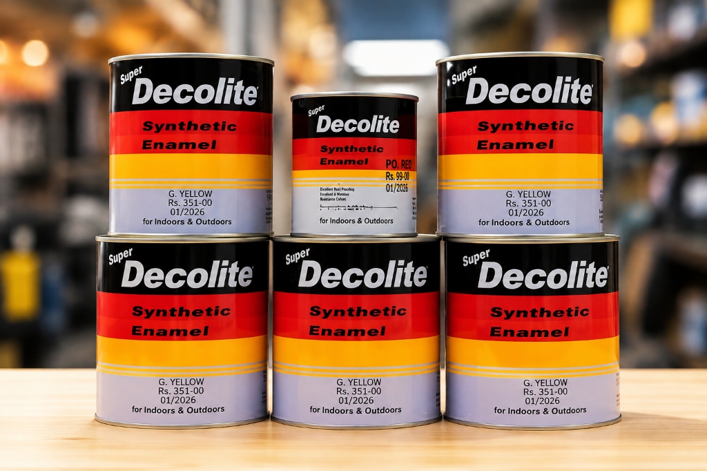 Super Decolite synthetic enamel paint, primers, thinners, and painting supplies