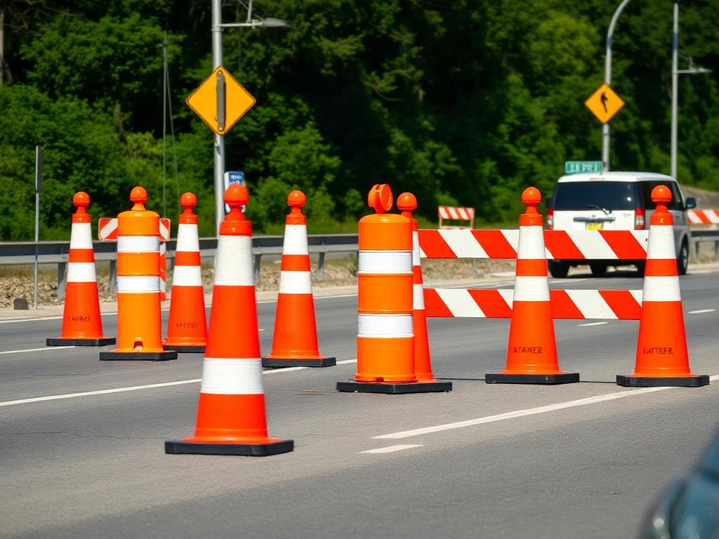 Traffic cones and barricades on a highway safety work zone