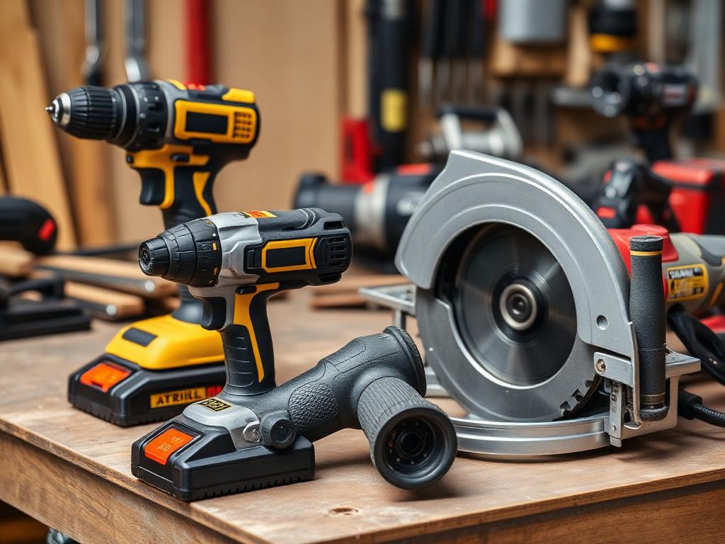 Cordless drill, angle grinder and circular saw on a workbench